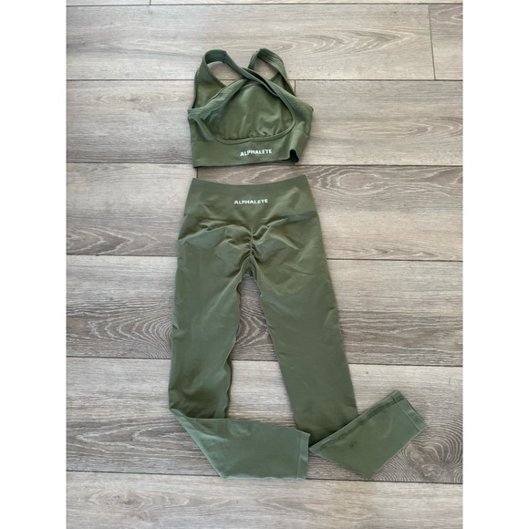 Alphalete Pants - Alphalete Olive Green open back sports bra and legging set